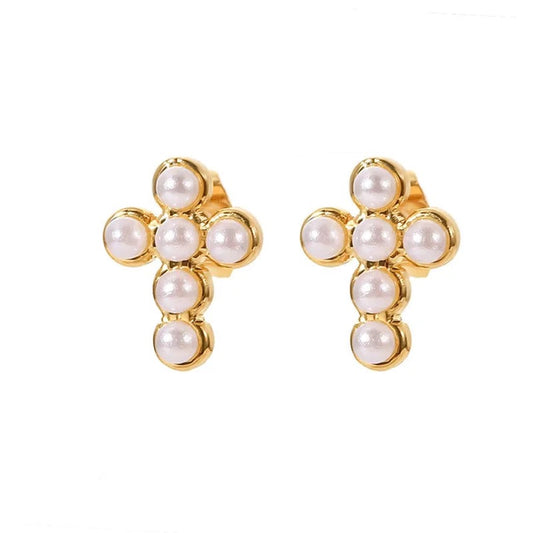 Stainless Steel 18K Gold Plated Minimalist Pearl Cross Stud Earrings Summer Waterproof Femme Gala Chic Stylish Jewelry