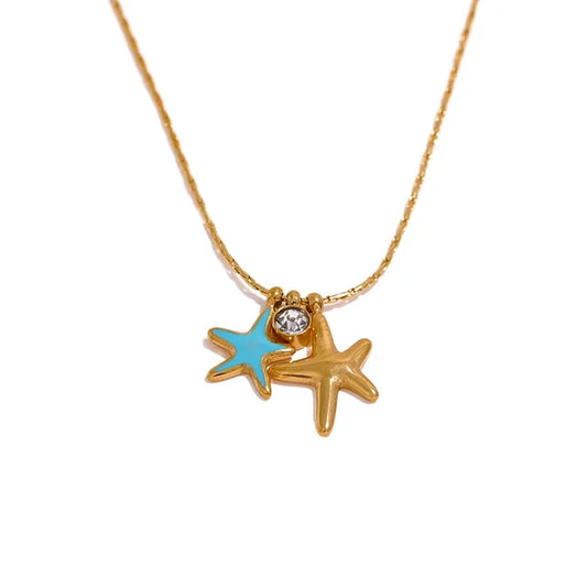 Summer Starfish CZ Pendant Stainless Steel Stylish Necklace for Girl Cute Gold Color Waterproof Chic Jewelry Party Gift