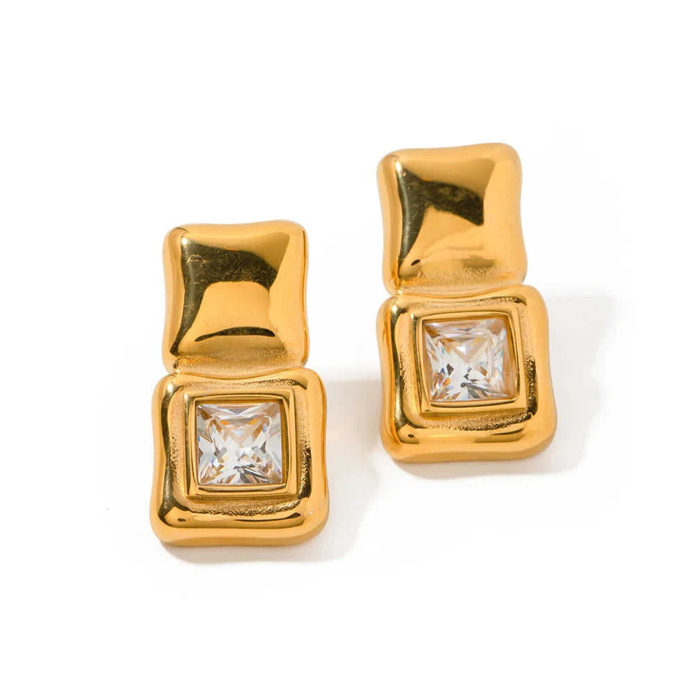 Uworld 18K Gold Color Stainless Steel Zircon Square Stitching Stud Earrings High Quality Unusual Fashion Jewelry Bijoux Ete Gift