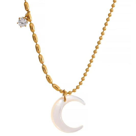 Stainless Steel White Shell Moon Pendant Chic Necklace Unique Gold Color Beads Chain Zircon Collar Charm Delicate Jewelry